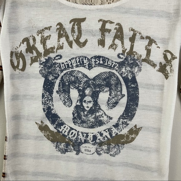 FREE PEOPLE Creme Ivory Eyelet Lace Trim Great Falls Montana Ram Graphic Top - Picture 5 of 10